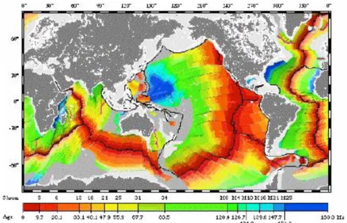 Gambar 2.16 Pola magnetic dasar samudera adalah simetris terhadap punggung samudera. Kerak  benua termuda adalah yang terdekat dengan pungung samudera tersebut 