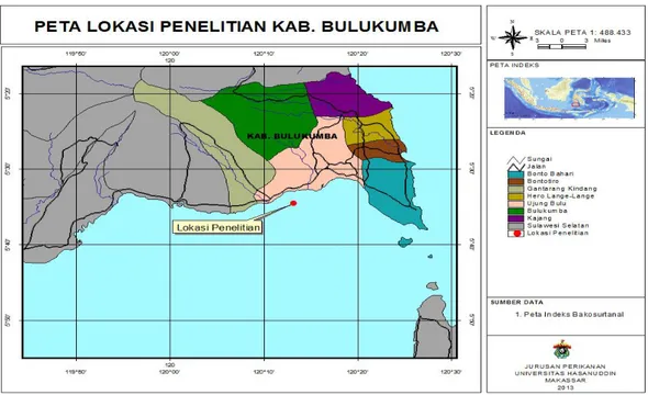 Gambar 1. Lokasi penelitian penggunaan atraktor buatan untuk pemanenan anakan  lobster laut ( Panulirus  spp) di Perairan Laut Bulukumba, Sulawesi Selatan 