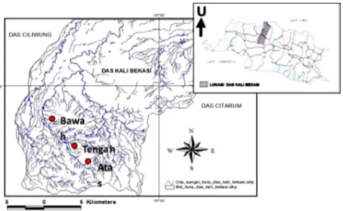 Figure 1. Map of study sites in the in the Upstream Watershed of Kali Bekasi