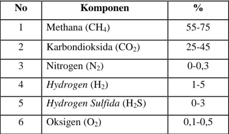 Tabel  1 Komposisi Jenis Gas dan Jumlahnya pada Satu Unit Biogas 