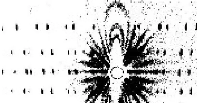 Gambar 3.10 Pola Rotasi Kristal dari Kristal hexagonal yang diputar pada sumbu C. Filter Radiasi (coretan disebabkan oleh radiasi putih tidak dihapus oleh filter) (Courtesy B.E.Warren)