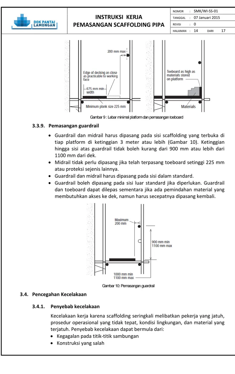 Gambar 9 : Lebar minimal platform dan pemasangan toeboard   3.3.9.  Pemasangan guardrail 