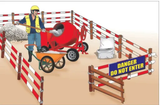 Gambar 12-2: Tempatkan barikade di sekitar beberapa mesin seperti pengaduk  semen untuk mencegah masuknya pekerja lain
