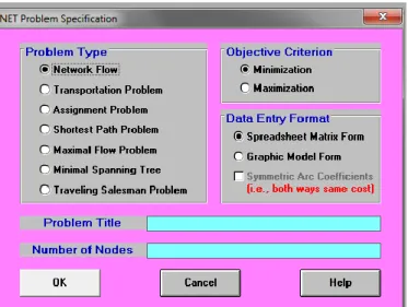 Gambar 10. Tampilan mengatur konfigurasi network modeling  Pada  NET  Problem  Specification  ada  beberapa  hal  yang  perlu  anda  lakukan  pilih  Problem  Type  dengan  Maximum  Flow  Problem,  kemudian  Problem title disii dengan Masalah Arus terbanyak