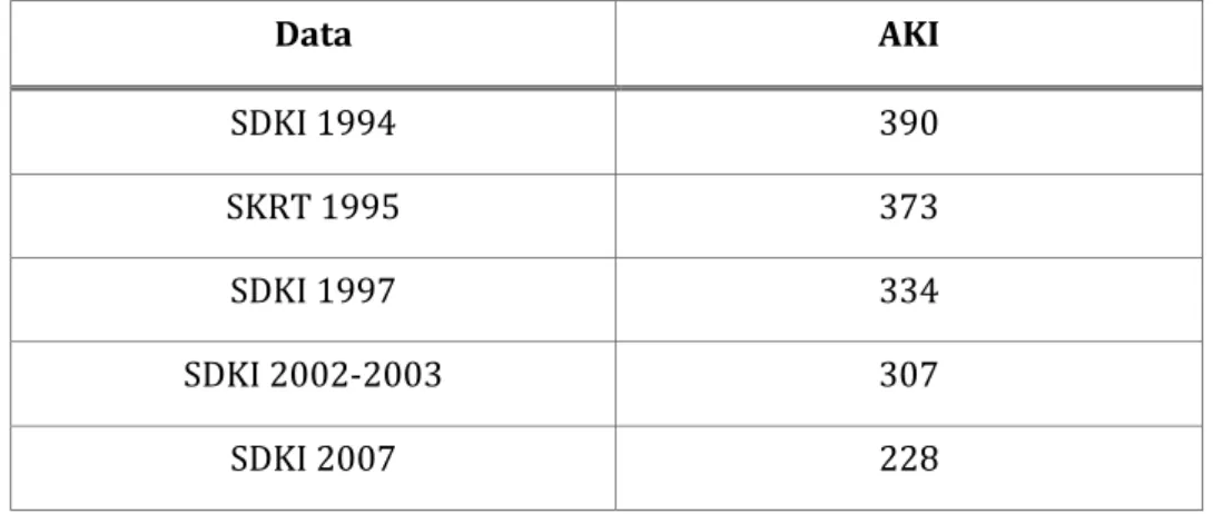 Tabel 3.2.  Angka Kematian Ibu Maternal (AKI)  Per 100.000 Kelahiran Hidup Indonesia     Data  AKI  SDKI 1994  390  SKRT 1995  373  SDKI 1997  334  SDKI 2002‐2003  307  SDKI 2007  228   
