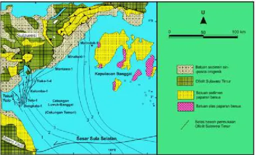 Gambar 2. Peta geologi daerah Cekungan Luwuk-Banggai, struktur di Teluk Tolo berdasarkan Davies (1990),  isopach cekungan (dalam km) mengacu ke Hamilton (1979), geologi daratan berdasarkan  peta-peta terbitan Puslitbang Geologi, dikompilasi oleh Charlton (