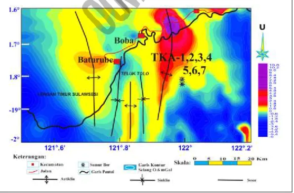 Gambar 7. Peta anomal sisa dan struktur bawah permukaan di daerah lapangan Tiaka dan sekitarnya (modifikasi dari Subagio,  drr., 2011).