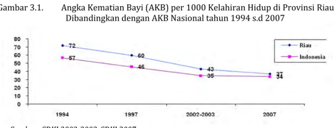 Gambar 3.1.  Angka Kematian Bayi (AKB) per 1000 Kelahiran Hidup di Provinsi Riau  Dibandingkan dengan AKB Nasional tahun 1994 s.d 2007 