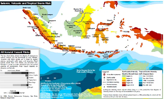 Figure 7: Indonesia's exposure to seismic, volcanic and tropical storm hazard (OCHA 2007)