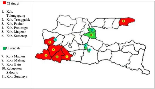 Gambar 4 : Kabupaten/kota dengan Indeks Konsentrasi (CI) Tertinggi dan Terendah di Jawa Timur        CI tinggi   1