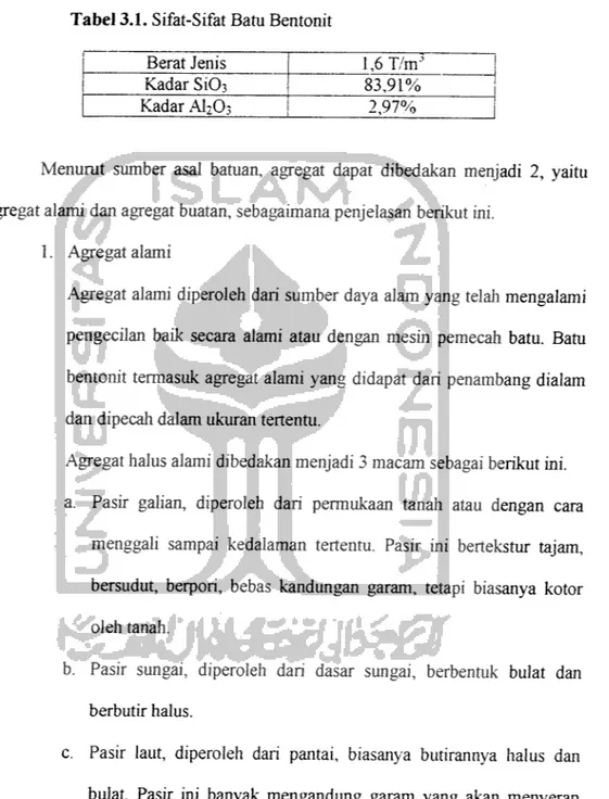 Tabel 3.1. Sifat-Sifat Batu Bentonit