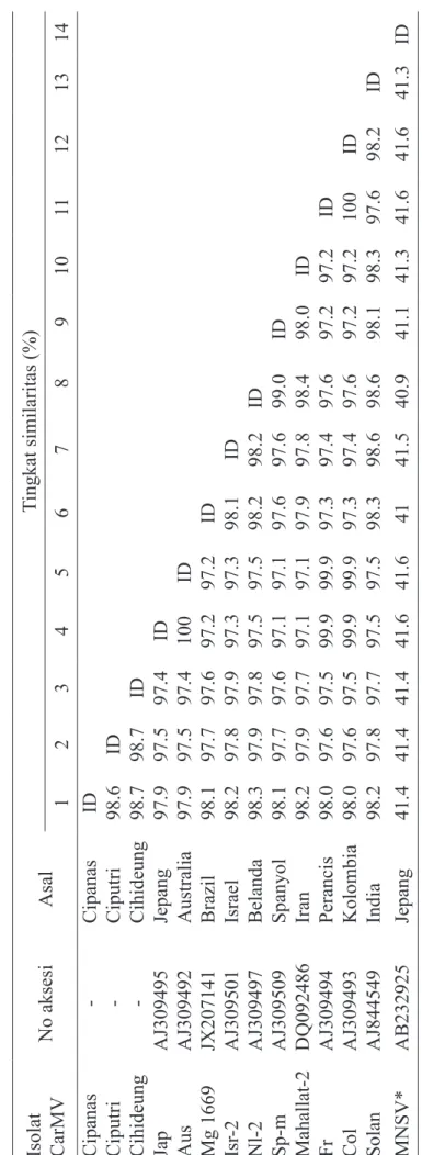 Tabel 1  Homologi sikuen nukleotida sebagian gen protein selubung Carnation mottle virus isolat isolat dari Indonesia dan negara lain