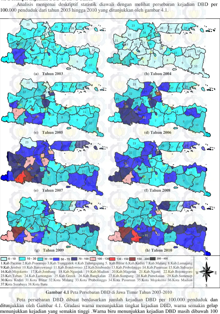 Gambar 4.1 Peta Persebaran DBD di Jawa Timur Tahun 2003-2010 