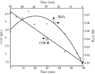Figure 4.12 COD and H2O2 profile on equivalent concentration of DEA and Fenton’s 