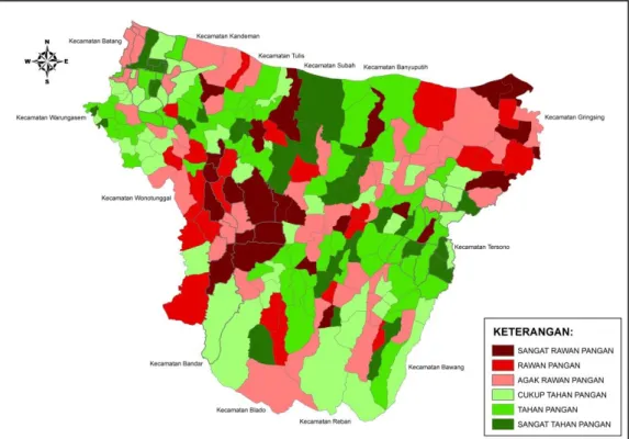 Gambar  4.  Peta  petahanan  pangan  berdasarkan  indikator  penduduk  tidak  tamat  sekolah dasar (SD) dan berumur &gt; 15 tahun di Kabupaten Batang  Hasil analisis  masing-masing wilayah dapat  disimpulkan adanya  sebaran  wilayah  tingkat  rawan  yang  
