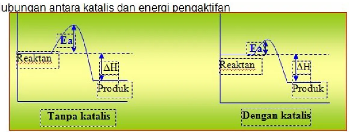 Gambar 4. grafik pengaruh katalis terhadap energi pengaktifan (Ea)  Dengan memperhatikan  gambar.4 diatas dapat dilihat bahwa tanpa katalis, energi pengaktifan (Ea) suatu reaksi lebih  banyak, sedangkan dengan menggunakan katalis, Ea menjadi lebih sedikit,