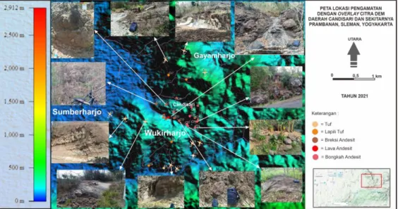 Gambar 3.  Peta Lokasi Pengamatan dengan Sebagian Foto Singkapan yang Menguatkan  Adanya Gunung Api Purba pada Daerah Penelitian 