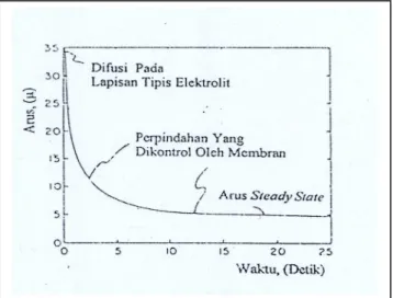 Gambar 1. Kurva arus terhadap waktu untuk sensor polarografi   pada potensial kerja tertentu (Hitchman, 1978) 