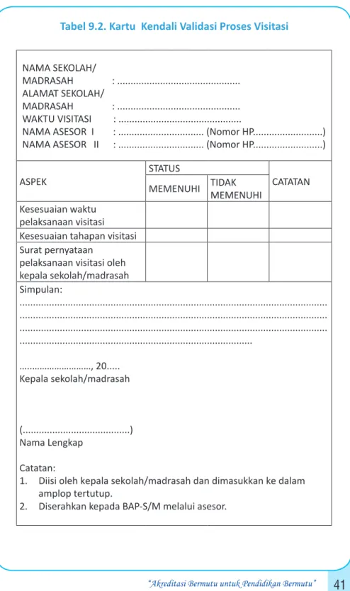 Tabel 9.2. Kartu  Kendali Validasi Proses Visitasi