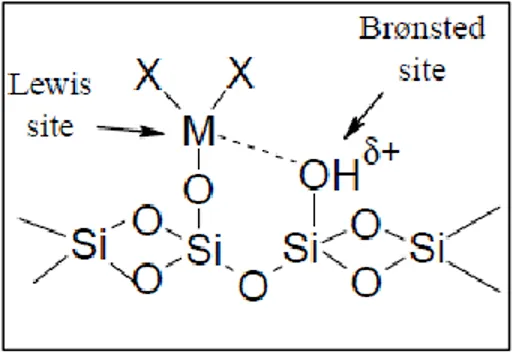 Gambar 5.  Situs  asam  Lewis  dan  Bronstead  pada  zeolit  berpengemban  logam  [ Wilson dan Clark, 2000]