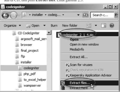 Gambar 2.3 Mengklik kanan file instalasi codeigniter dan memilih Extract files