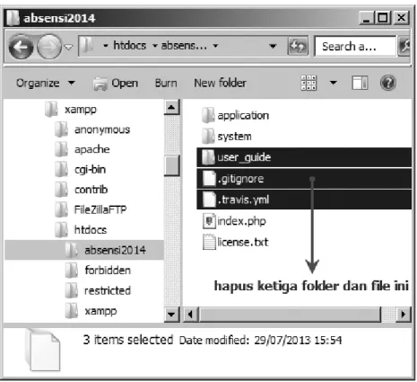 Gambar 2.5 Hasil ekstrak file instalasi CodeIgniter berupa file dan folder 5.  Perhatikan pada gambar 2.5, hapus ketiga file dan folder yang ditunjukkan 