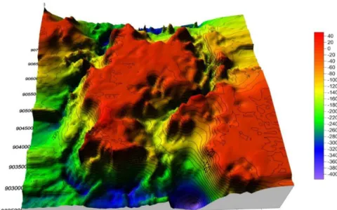 Gambar 8. Bentuk 3D Morfologi Dasar Laut Pulau Komodo dilihat dari depan (Pengolahan Data  Penelitian, 2013 dan Data Kedalaman Peta Pelayaran Dishidros)
