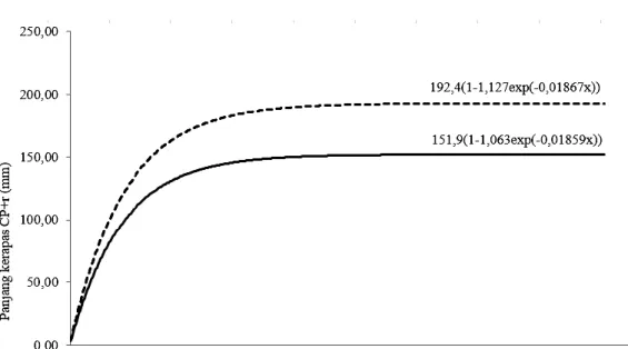 Gambar 6. Hubungan umur dengan panjang (CP+r) kepiting kelapa (       ) jantan dan (       ) betina 