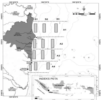 Gambar 1. Peta lokasi penelitian di Lampung Timur dan sub-area pengambilan contoh rajungan (area yang di arsir) pada setiap stratifikasi kontur kedalaman.