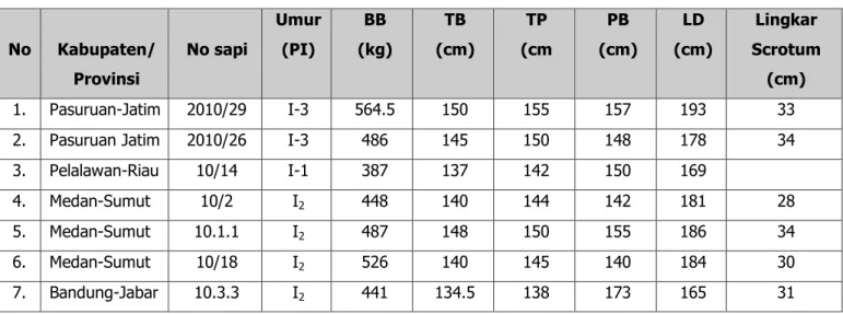 Tabel 15. Data penyebaran dan performans pejantan sebar sapi PO tahun 2012   No  Kabupaten/  Provinsi  No sapi  Umur  (PI)  BB  (kg)  TB  (cm)  TP  (cm  PB  (cm)  LD  (cm)  Lingkar  Scrotum (cm)  1