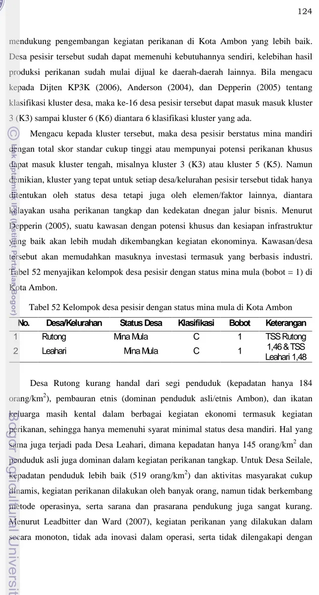 Tabel 52 menyajikan kelompok desa pesisir dengan status mina mula (bobot = 1) di  Kota Ambon