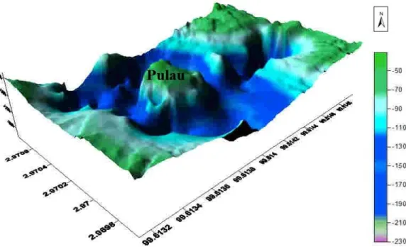 Gambar 2.  Layout Batimetri 3D Danau Kelapa Gading Kabupaten Asahan  Dimensi permukaan 