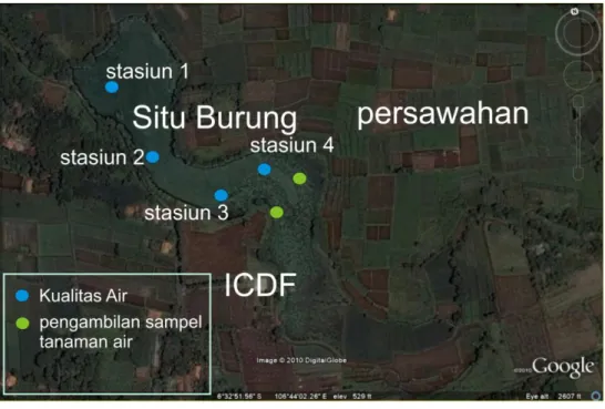 Gambar 7. Situ burung dan Lokasi stasiun pengamatan. Sumber peta  (www.maps.google.com ; Surfer 8.0)