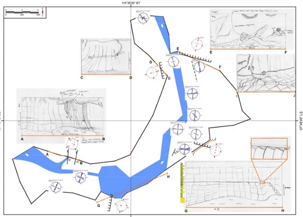 Gambar 1. Peta struktur geologi yang memotong satuan batulanau tufan di lembah Sungai Trembono