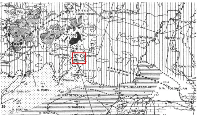 Gambar 4.  Peta geologi Jiwo dan sekitarnya menurut Bothe (1929). Di tenggara Perbukitan Jiwo terdapat  Antiklin Watugajah yang berarah timur – barat dan berhenti di timur Mojosari (kotak merah –  daerah penelitian)