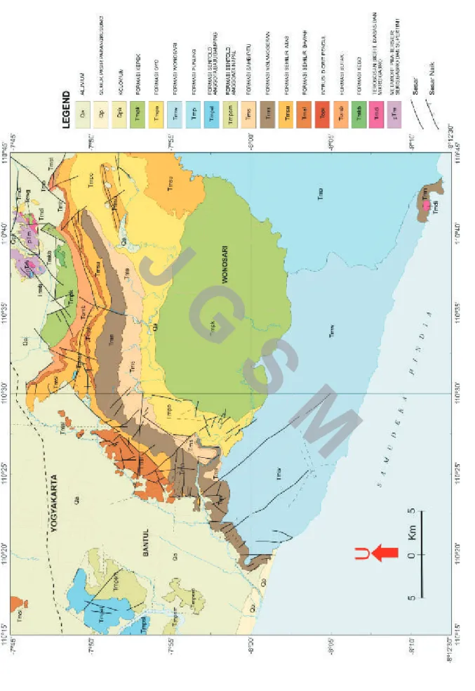 Gambar   4.Peta geologi daerah Bantul - Wonosari (disederhanakan Margono drr., 2009, dalam persiapan; dan Fakhruddin drr., 2009, dalam persiapan)