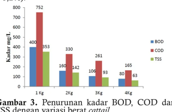 Gambar 3. Penurunan kadar BOD, COD dan TSS dengan variasi berat cattail
