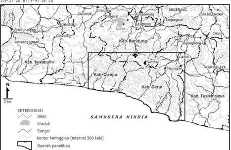 Gambar 1. Lokasi daerah penelitian di wilayah Cianjur dan Garut bagian selatan.