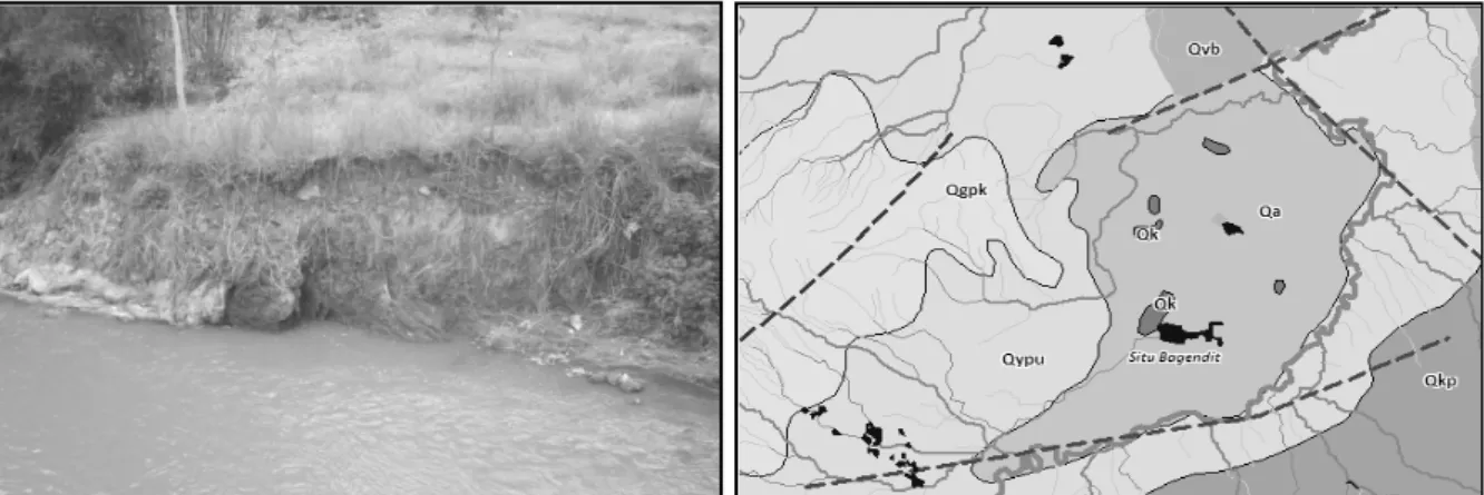 Gambar 5. Indikasi keberadaan sesar berarah barat daya-timur laut di Sungai Cimanuk. Wilayah Leuwigoong,  berupa tuf  terpatahkan (a) dan kelokan S