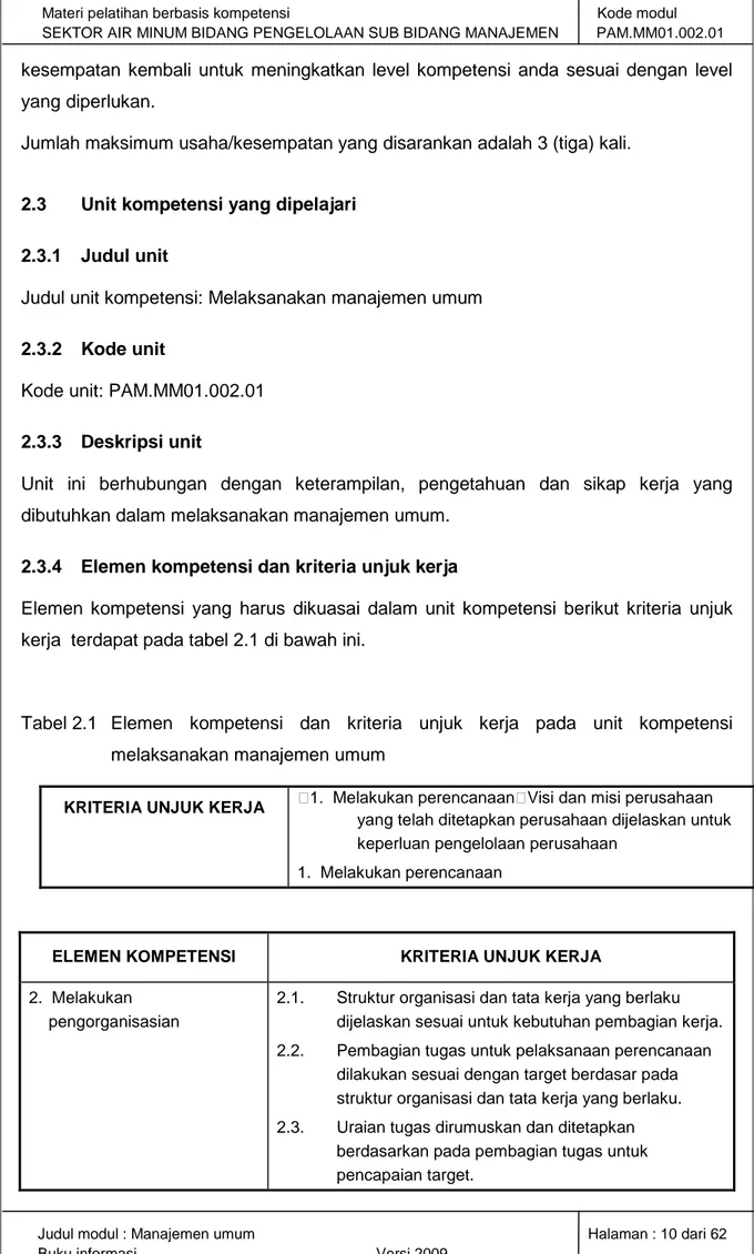 Tabel 2.1   Elemen kompetensi dan kriteria  unjuk  kerja pada unit  kompetensi  melaksanakan manajemen umum 