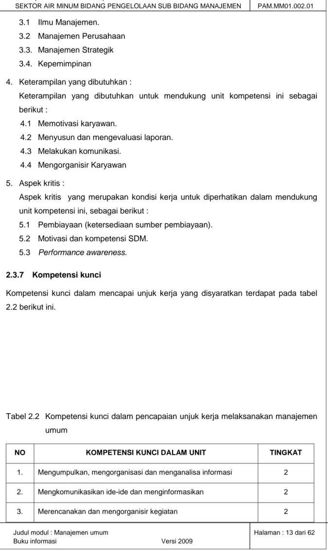 Tabel 2.2  Kompetensi kunci dalam pencapaian unjuk kerja melaksanakan manajemen  umum 