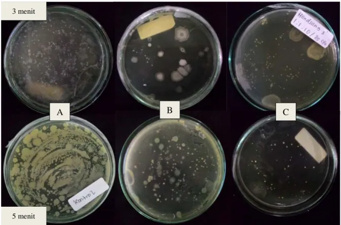 Gambar 4.2Koloni  bakteri  pada cawan petri  yang diberi perlakuan  (A) Kontrol (B)  hand sanitizer  A (C)  hand sanitizer pelepah daun pisang 