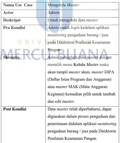 Tabel 3.2 Skenario Use Case Mengelola master  Nama Use  Case  Mengelola Master 