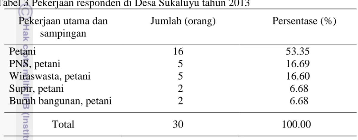 Tabel 3 Pekerjaan responden di Desa Sukaluyu tahun 2013  Pekerjaan utama dan 