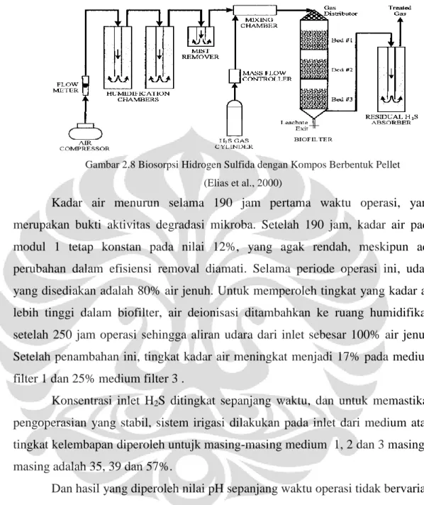 Gambar 2.8 Biosorpsi Hidrogen Sulfida dengan Kompos Berbentuk Pellet   (Elias et al., 2000) 