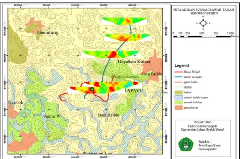 Gambar 7. Peta aliran sungai bawah tanah Seropan berdasarkan interpretasi kualitatif  3.1.2  Interpretasi kuantitatif 