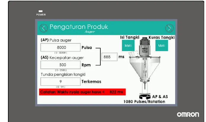 Gambar 4-d. Peringatan Kesalahan Pengaturan Produk - Auger Pastikan tidak ada operator yang mendekati bagian mekanik Model  MP-10P, sebelum menekan tombol “Isi Tangki” maupun “ Kuras Tangki”