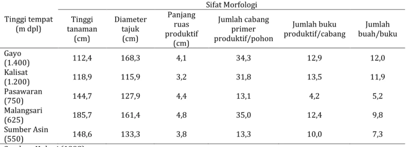Tabel 2. Sifat morfologi kopi Arabika tipe katai di beberapa lokasi 