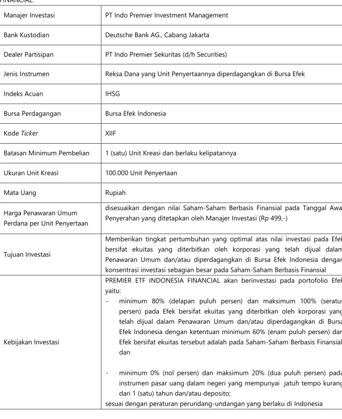 Tabel berikut ini adalah ringkasan informasi penting yang terkait dengan Reksa Dana PREMIER ETF INDONESIA  FINANCIAL: 