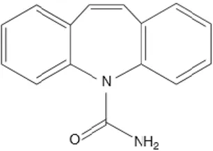 Gambar 1. Rumus bangun karbamazepin, menunjukkan  tiga cincin atom dan senyawa amin. 1 
